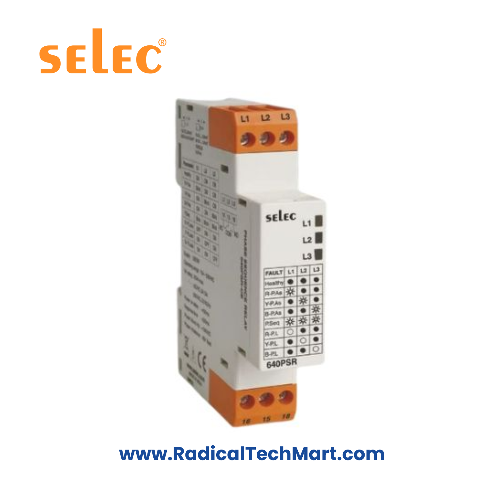 Alt Text: Selec 640PSR-V-CE Phase Sequence Relay Front View