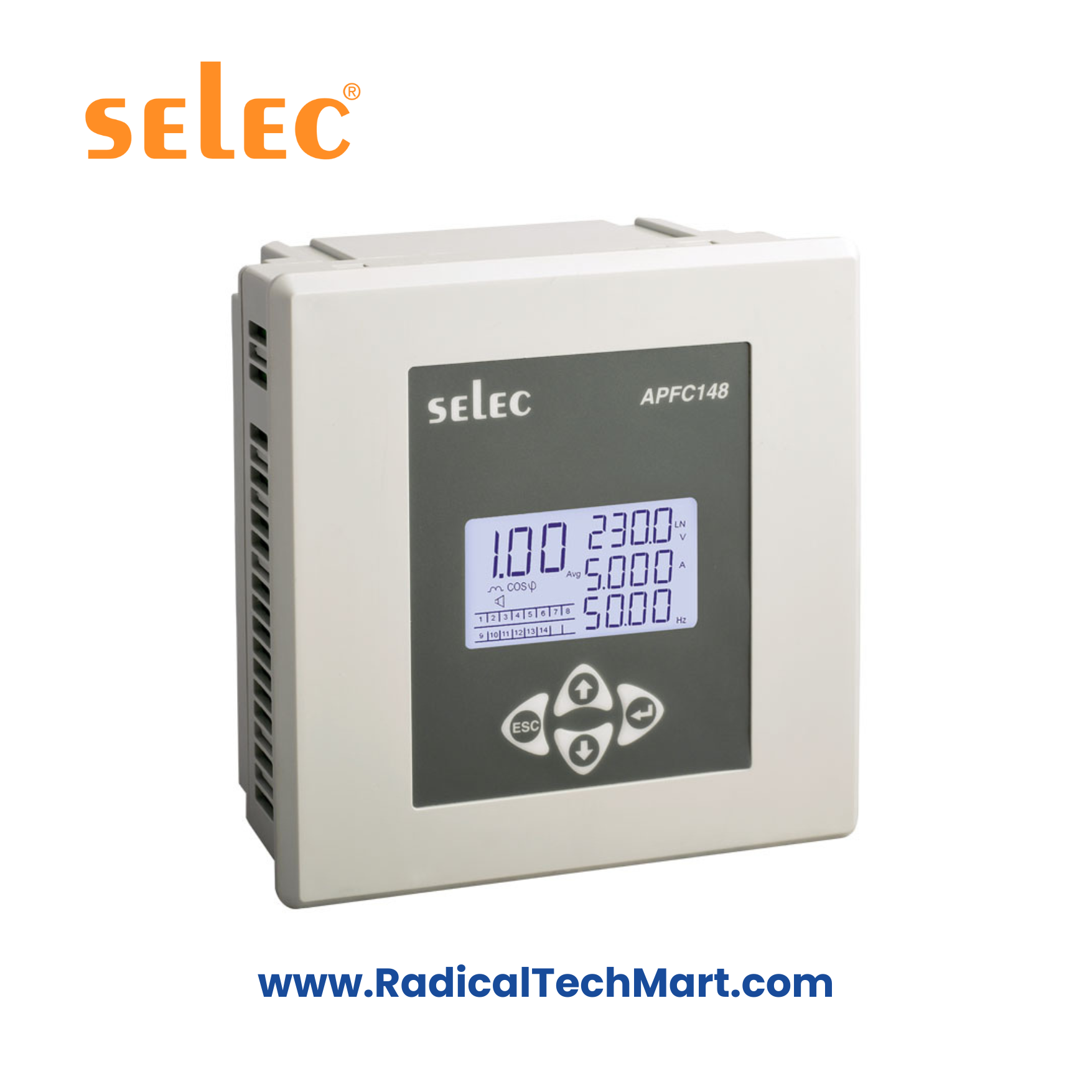 APFC148 Automatic Power Factor Controller with LCD display and Modbus RTU communication.
