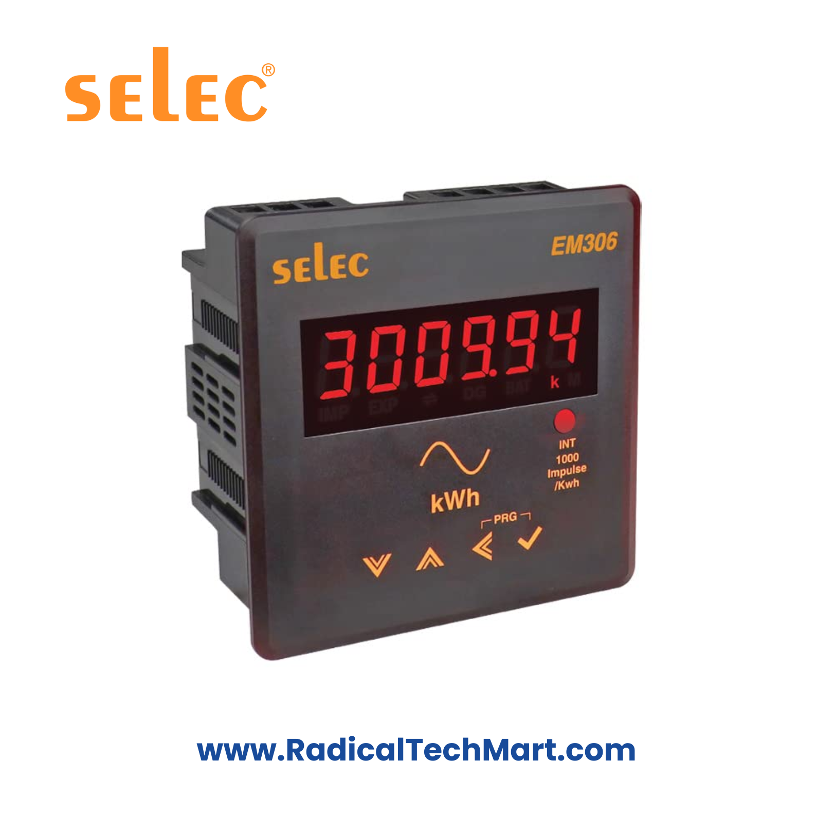 Selec EM306 LED Energy Meter Front View with 6-Digit Display