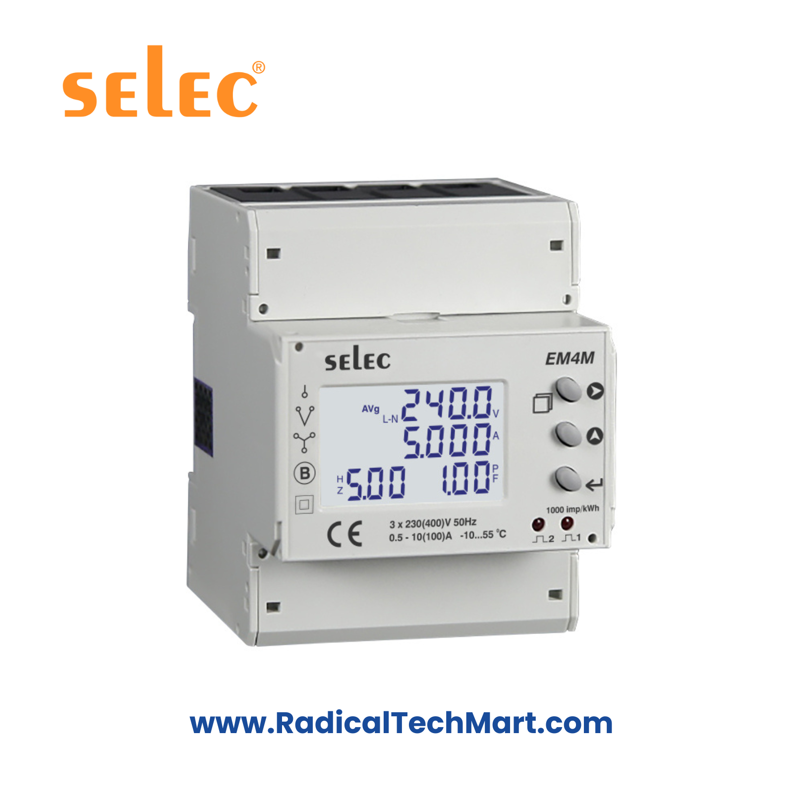 Selec EM4M Three Phase DIN Rail Energy Meter Front View with LCD Display