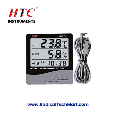 HTC 288-ATH Big Display Indoor-Outdoor Thermo Hygrometer with Clock - Front View