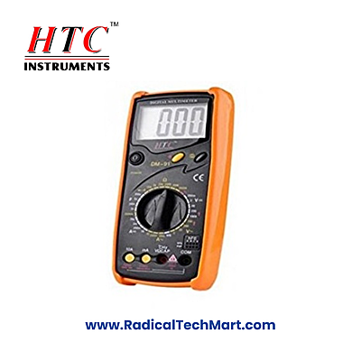 HTC DM-91 Digital Manual Multimeter with display, accessories, and packaging
