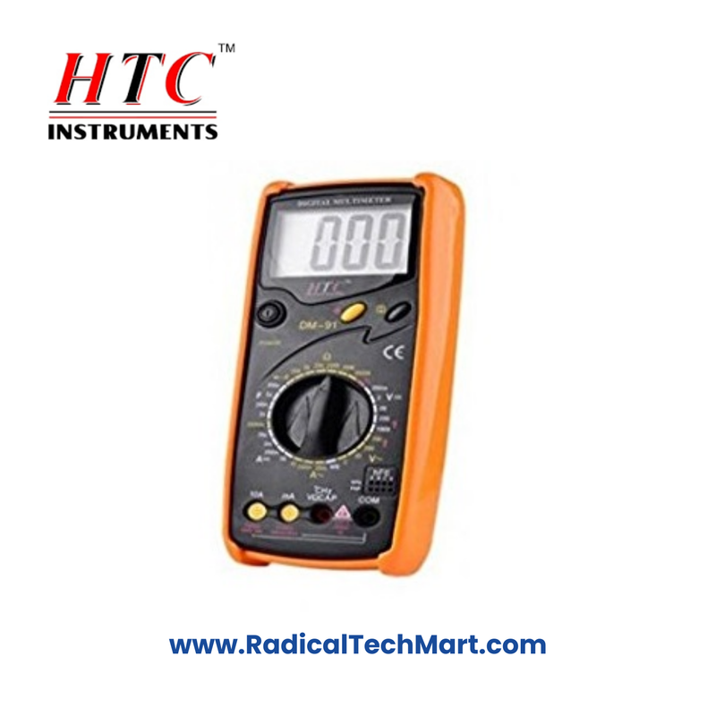 HTC DM-91 Digital Manual Multimeter with display, accessories, and packaging