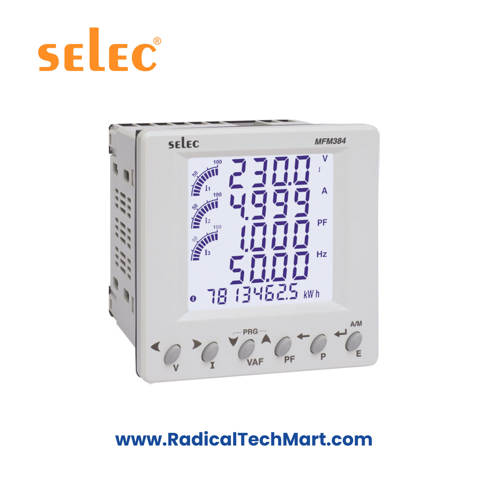 Selec MFM384 Multifunction Meter – Front View with LCD Display and Panel Mount