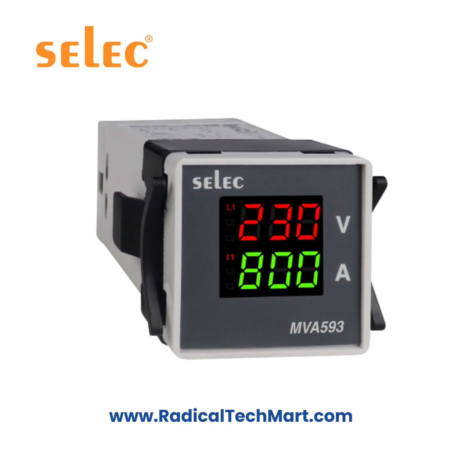 Selec MVA593 LED Volt-Amp Meter 3Ø 48x48mm Front Panel View