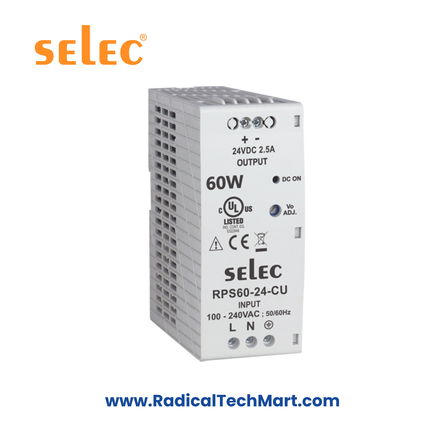 Selec RPS60 DIN Rail 60W Power Supply with Full Protection
