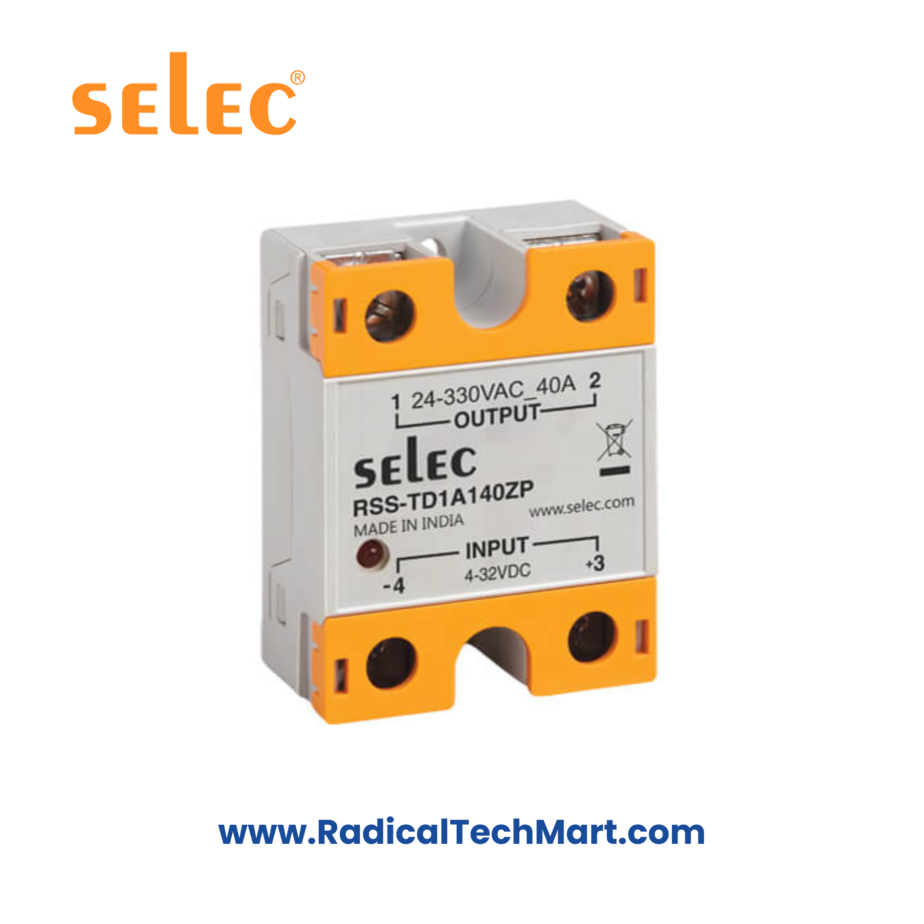 Alt Text: Selec RSS-TD1A140ZP Solid State Relay – 40A DC Input AC Output